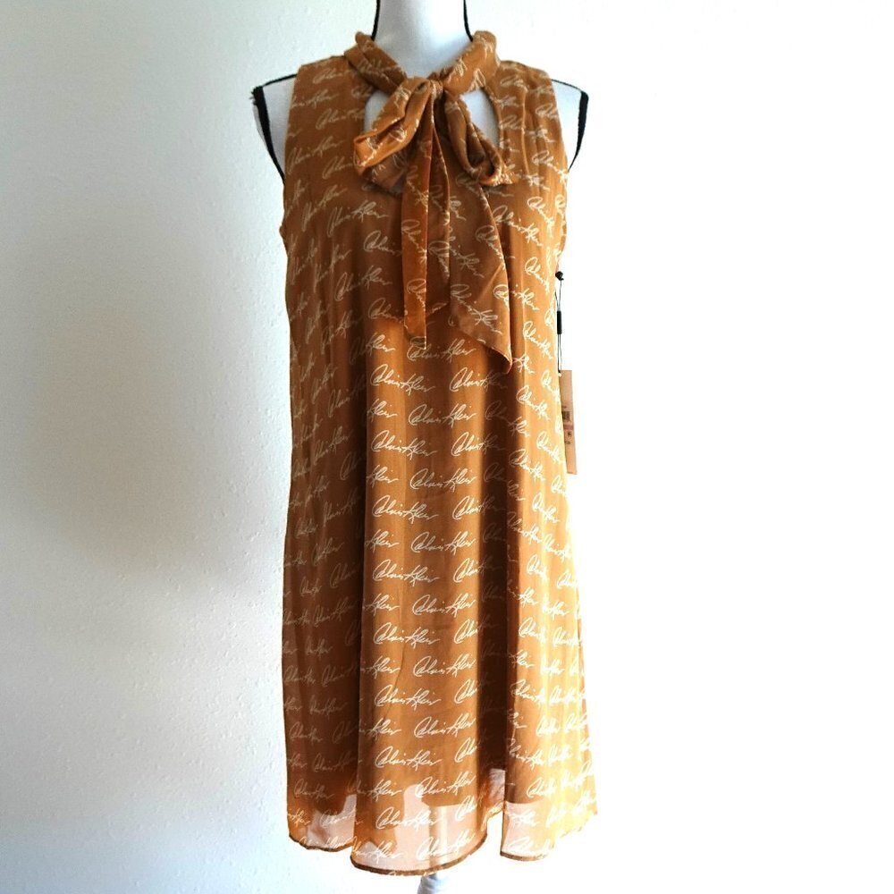 Calvin Klein Tie Neck Dress Women's Size 6 Brown Signature Logo Fabric